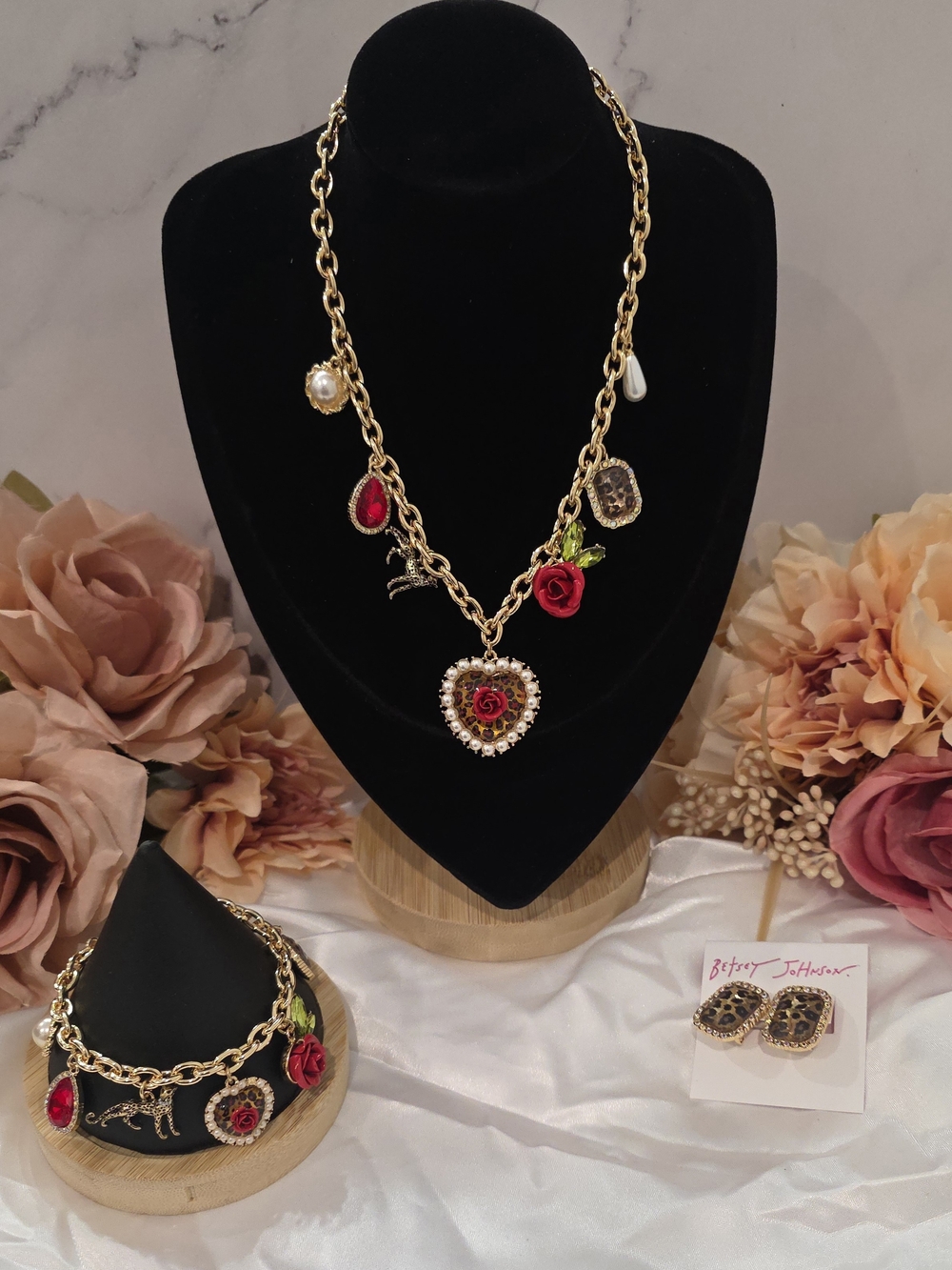 Betsey Johnson Gold-Tone Leopard Necklace, Bracelet, and Earrings Set